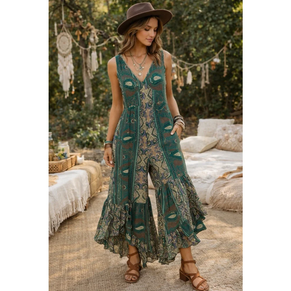 Earthbound Boho Jumpsuit Wide Leg Romper Womens L Paisley Flowy Festival Hippie - Picture 10 of 10